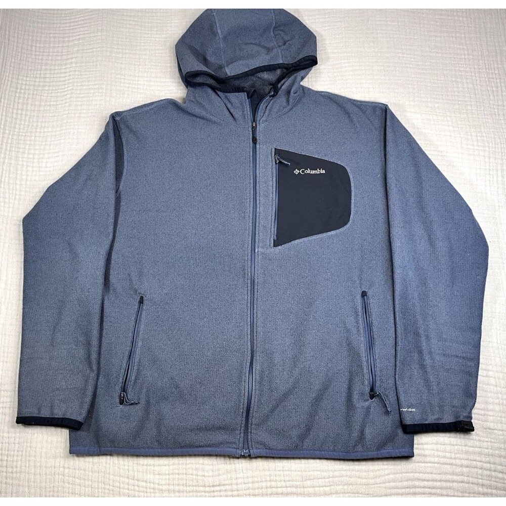 Columbia Fleece Jacket Mens XXL Navy Blue Full Zip Hooded Spring Outdoor Camping